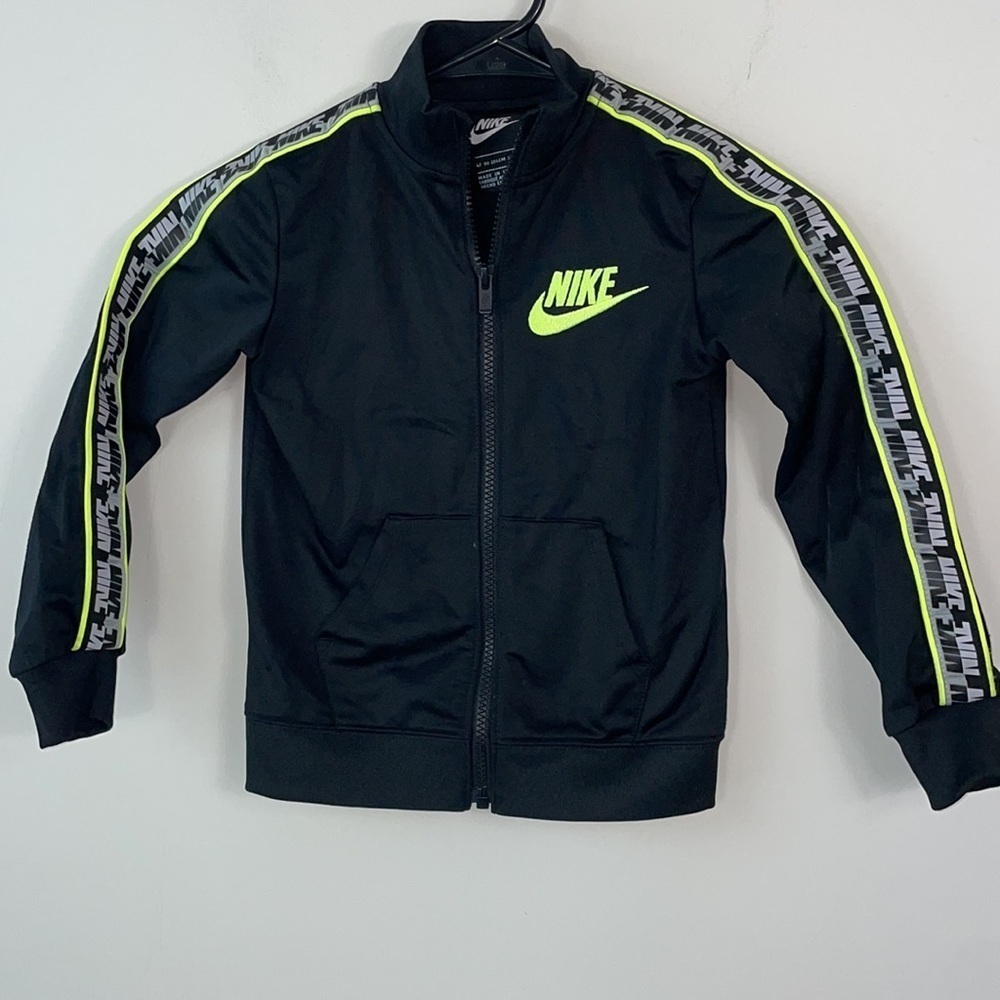 Nike zip up black track jacket neon yellow stripe toddler boys size 4T